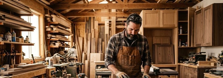 Cabinet maker operating a CNC router in a professional woodworking shop