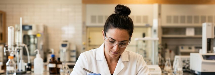Cannabis compliance lab technician examining a testing sample in a licensed cannabis testing facility