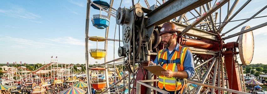 Carnival operator inspecting a Ferris wheel ride at a fairground before opening
