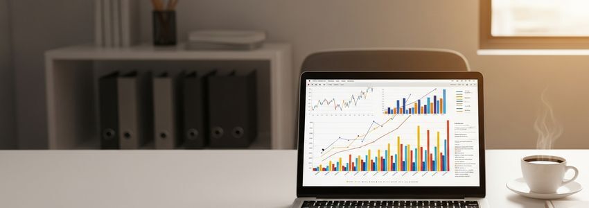 Business office desk with laptop showing financial charts and graphs for cash flow analysis