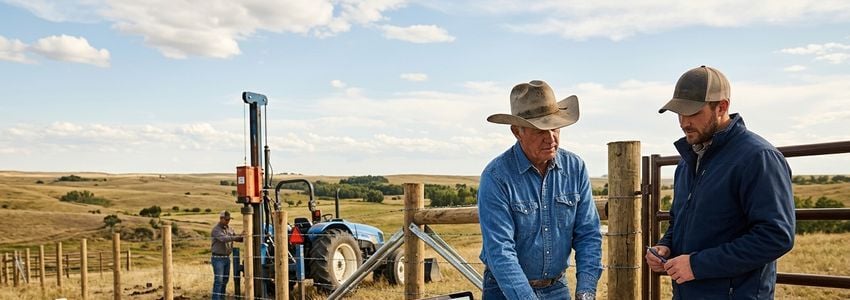 Ranchers reviewing fencing equipment financing plans with a tractor-mounted post driver in the background