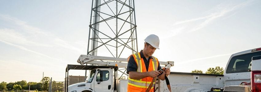 Telecom tower technician in safety harness and fall protection gear performing maintenance on a cell tower