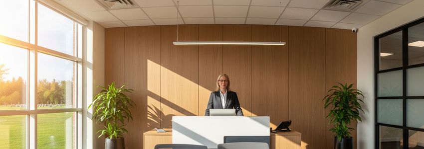 Cemetery business owner reviewing equipment financing options at office desk