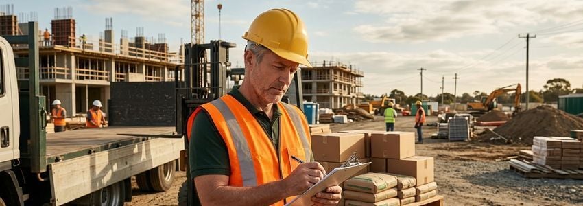 Construction project manager and supplier reviewing a materials order for a change order at a job site