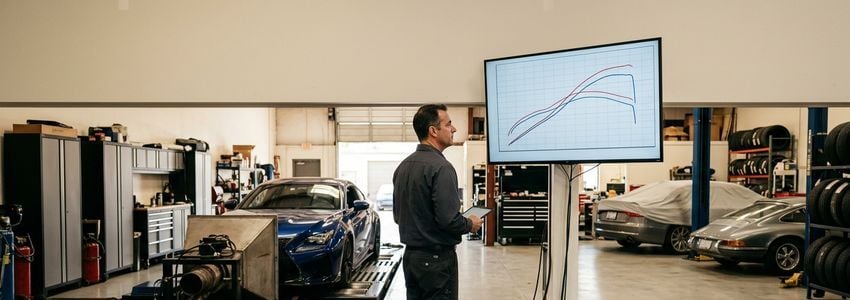 Performance shop technician monitoring live horsepower and torque data on a chassis dynamometer control screen