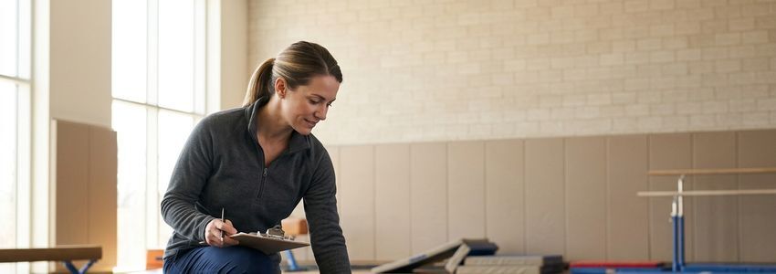Cheer gym owner inspecting tumbling mats and training equipment in a cheerleading gym facility