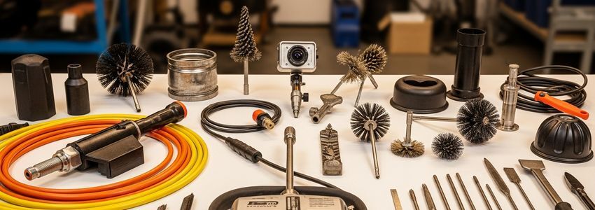 Professional chimney sweep equipment including rotary cleaning systems, brushes, and inspection cameras laid out in a workshop setting