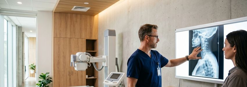 Chiropractor reviewing digital X-ray images on a monitor in a modern clinic imaging room