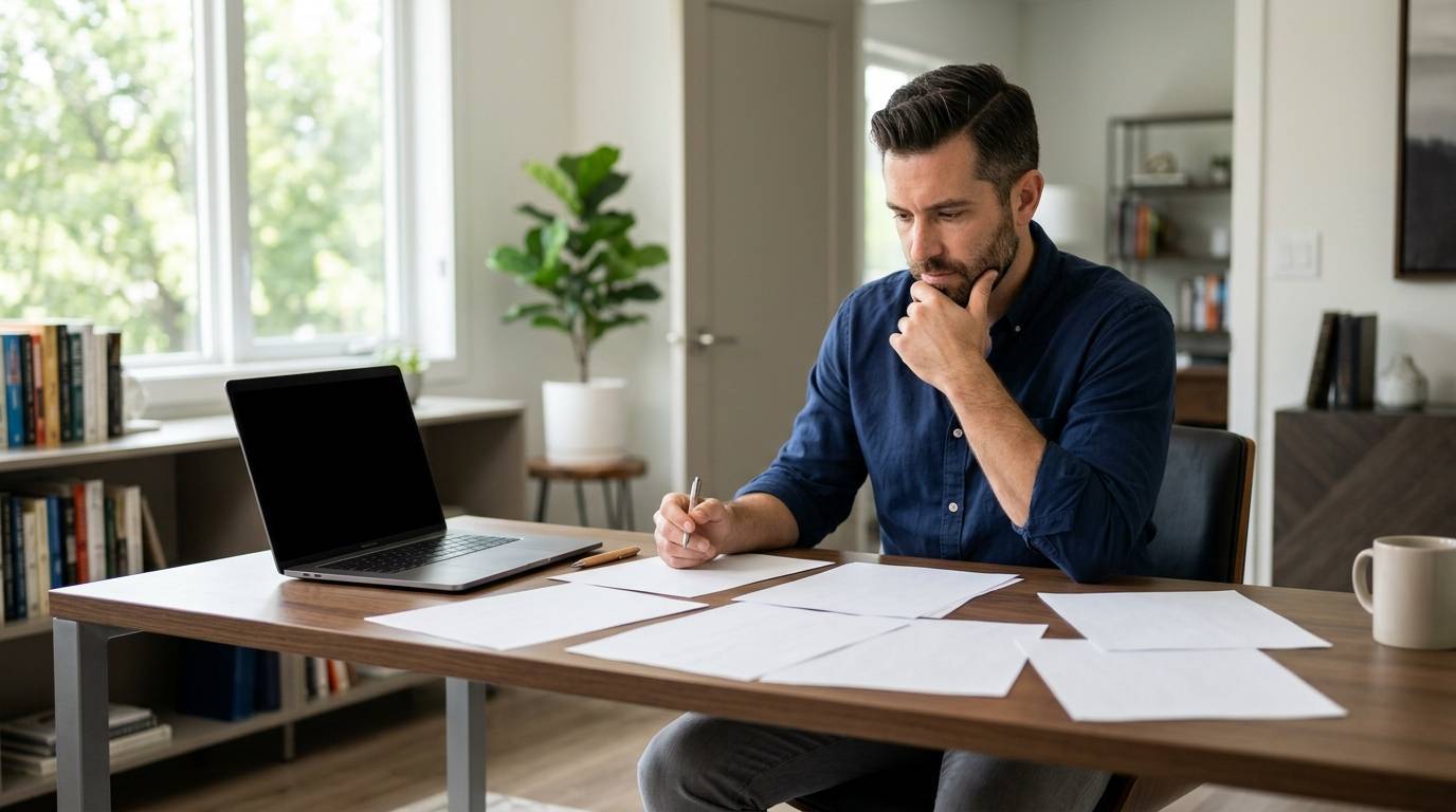 Small business owner carefully comparing multiple business loan options at a desk