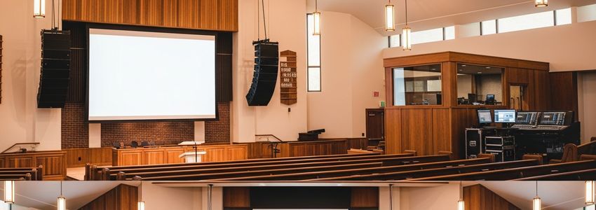 Professional AV equipment setup inside a modern church sanctuary with line array speakers, projection screen, and mixing console
