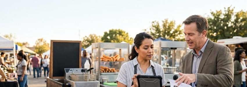 Mobile food vendor preparing churros at an outdoor churro cart equipped with a commercial fryer
