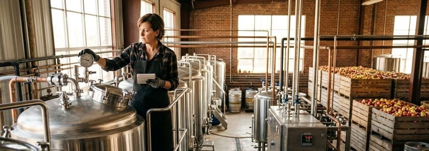 A cidery business owner inspecting a stainless steel fermentation tank and pasteurizer control panel in a commercial cider production facility