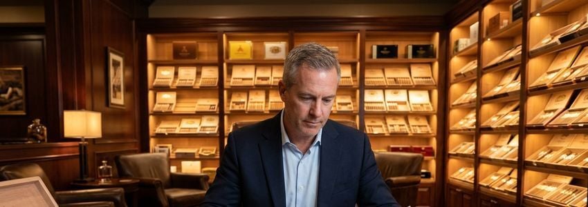 Business owner reviewing financing paperwork inside a premium cigar lounge with humidor shelving in the background
