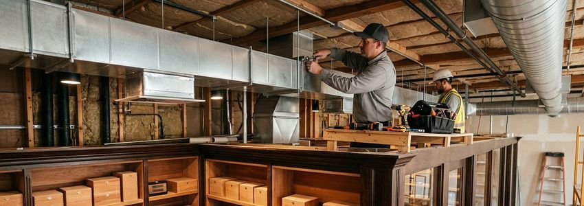 Cigar lounge owner reviewing ventilation and humidor construction plans with a contractor