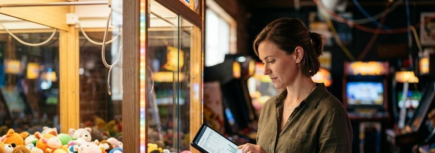 Business owner reviewing claw machine financing paperwork next to an arcade claw machine