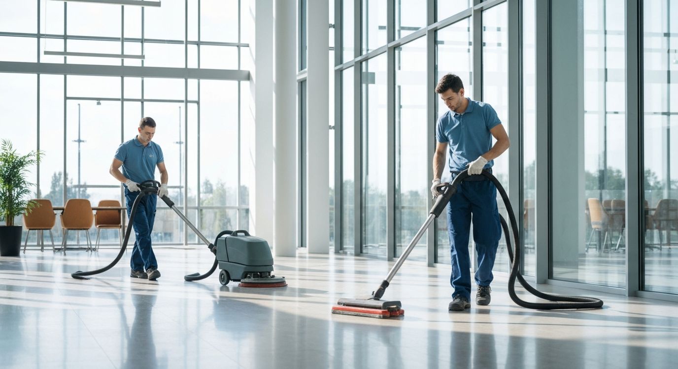 Professional commercial cleaning crew using industrial equipment in a modern office building