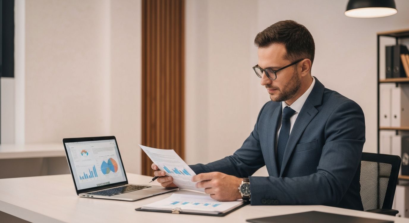 Cleaning business owner reviewing loan financing documents and financial charts at a professional office desk