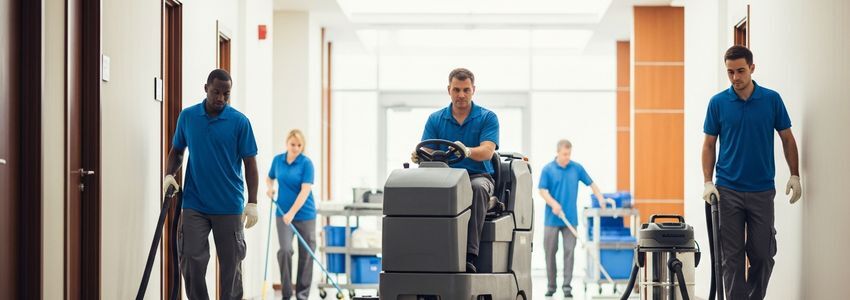 Commercial cleaning crew operating floor scrubber and janitorial equipment in office hallway