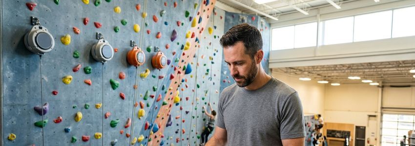Climbing gym owner reviewing equipment financing paperwork near a commercial climbing wall