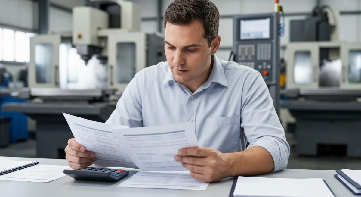 Machine shop owner reviewing CNC equipment financing documents at desk with CNC machining center visible in background