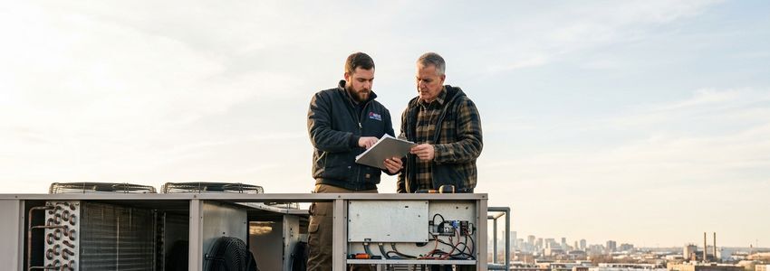 A business owner and refrigeration technician reviewing a commercial rooftop refrigeration unit at a cold storage facility