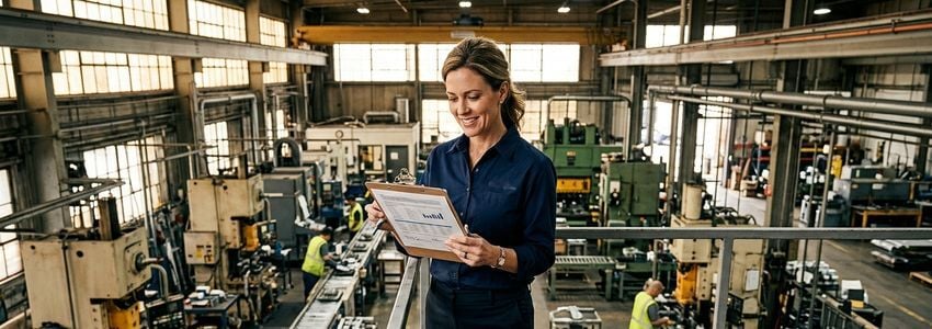 Business owner reviewing secured loan documents in a commercial facility