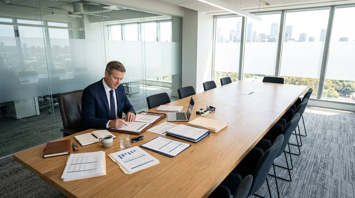 Business owner reviewing asset documents and financial paperwork to use as collateral for a business loan
