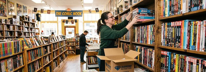 Comic book store owner organizing new inventory shelves in a bright retail shop
