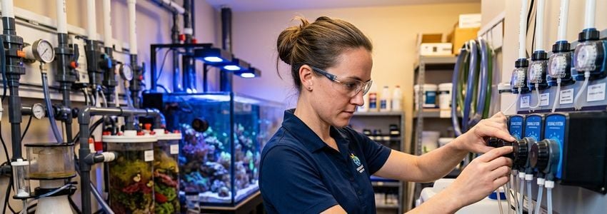 Aquarium maintenance technician servicing a large commercial reef tank filtration system