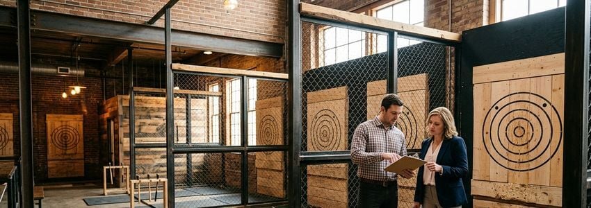 Axe throwing venue owner reviewing target board equipment financing options in a commercial lane facility