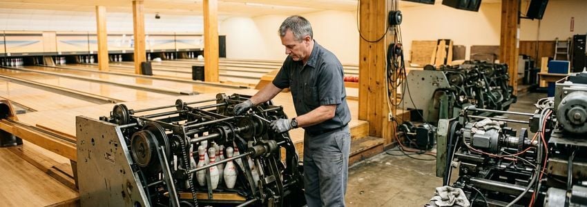 Bowling center technician servicing a commercial pinsetter machine behind the pins