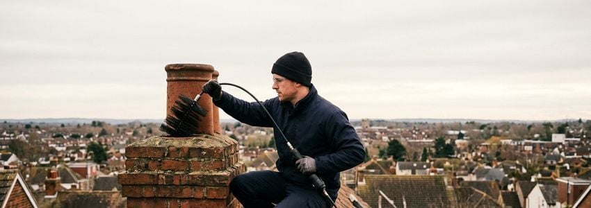 Chimney sweep technician using a video inspection camera and rotary cleaning equipment on a residential chimney