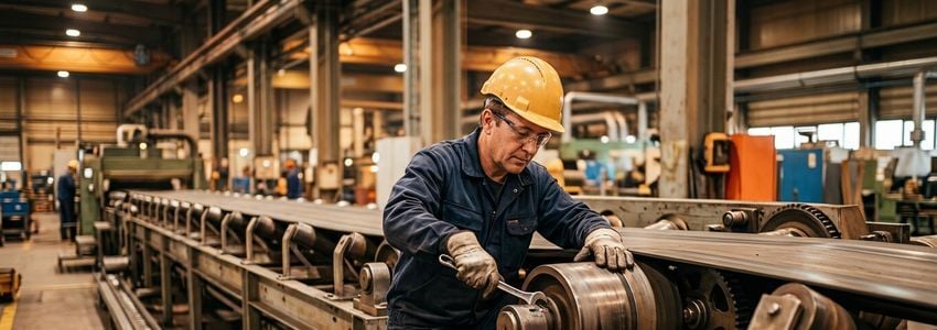 Industrial worker servicing a commercial conveyor belt system in a manufacturing facility