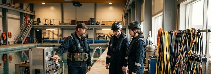 Commercial diving instructor reviewing surface-supplied air equipment with students at a training facility dock