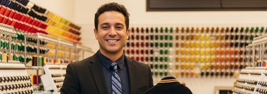 Business owner reviewing commercial embroidery equipment options for financing