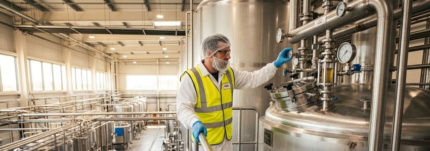 Food production worker monitoring stainless steel fermentation tanks in a commercial food and beverage facility