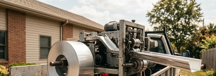 Gutter installation contractor operating a seamless gutter machine on a job site truck