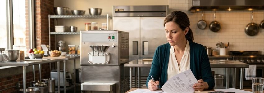 Ice cream shop owner reviewing production equipment financing options in a commercial kitchen