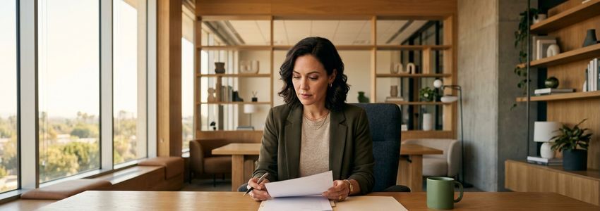 Small business owner reviewing a commercial insurance policy and financing documents at an office desk