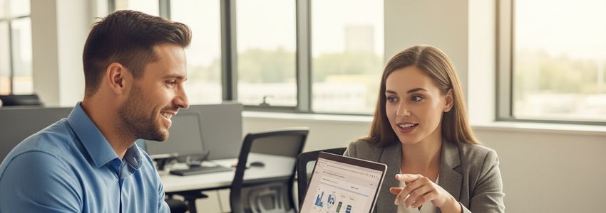 Business professionals discussing commercial laminator financing options in a modern office setting