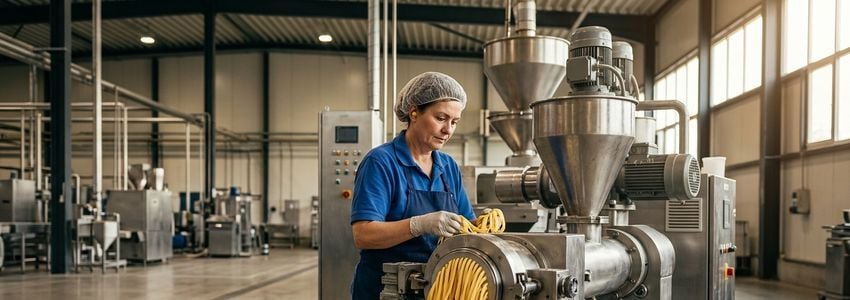 Pasta production line workers operating an industrial extruder in a commercial food manufacturing facility