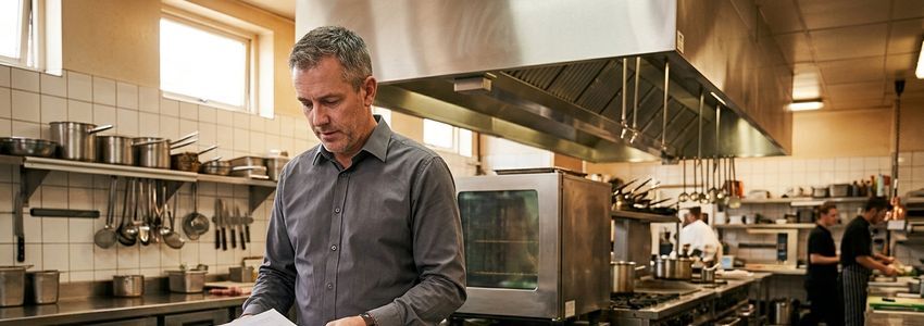 Facilities manager reviewing a pest control service contract and invoice in a commercial kitchen