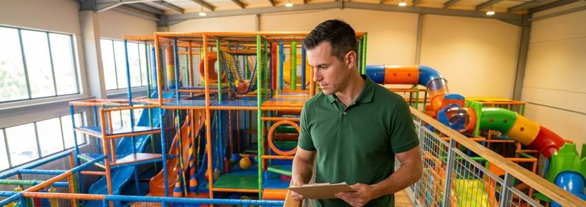 Family entertainment center staff inspecting new commercial playground equipment installation