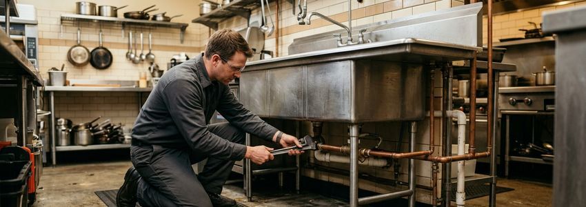 Commercial plumber repairing a burst pipe in a business facility