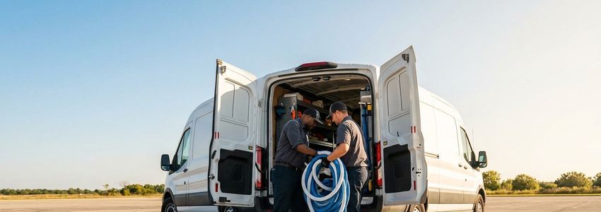 Pool service technician loading equipment into a commercial service truck