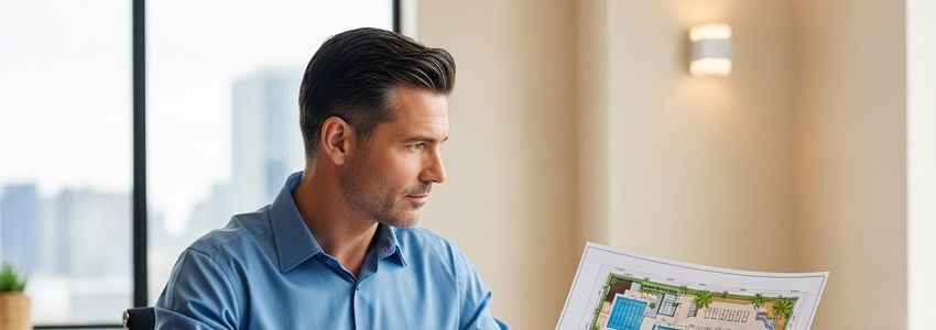 Business professional reviewing commercial pool equipment financing documents in a modern office setting