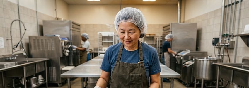 Business owner inspecting frozen treats in a commercial food production facility