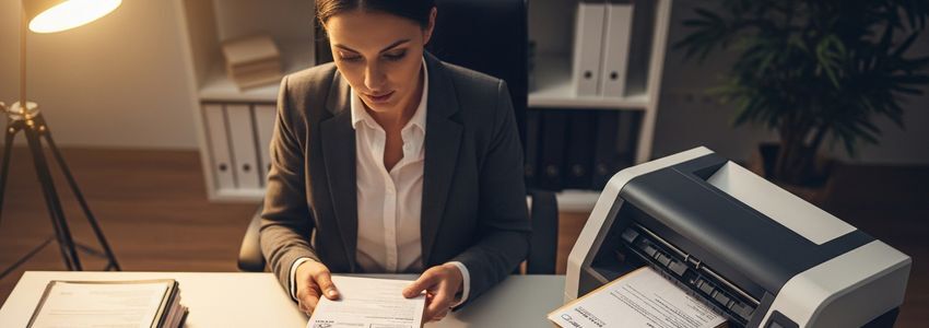 Business owner reviewing commercial postage machine financing options at office desk