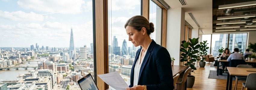 Business owner reviewing a commercial property tax reassessment notice with a financial advisor in a bright office