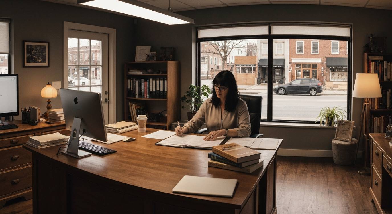 Dentist reviewing business loan documents at an office desk with dental clinic equipment visible in background